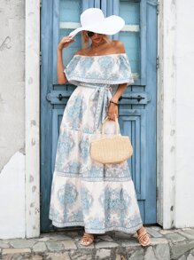 SHEIN VCAY Paisley Print Off Shoulder Layered Hem Dress - Multicolor - View 5