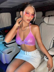 SHEIN ICON 心環細節後背繫帶短款PU皮革掛脖上衣 - 粉色 - 查看 6