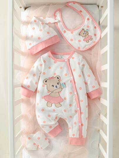 SHEIN مجموعة بذلة قفّاز رضيعة بناتيّة مع طبعات رسوم متحرّكة ونقاط بولكا