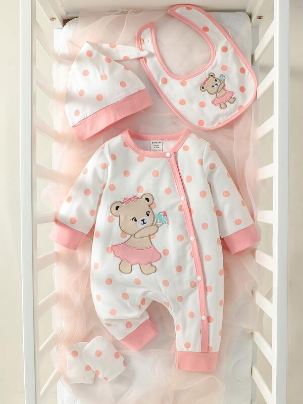 SHEIN Baby Girl Newborn Cartoon Graphic Polka Dot Print Jumpsuit Set