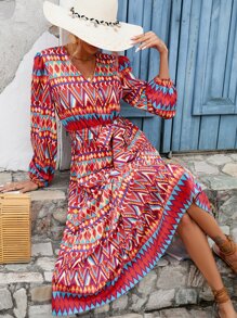 SHEIN LUNE Geo Print Lantern Sleeve Ruffle Hem Belted Dress - Red - View 1