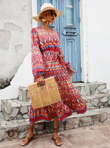 SHEIN LUNE Geo Print Lantern Sleeve Ruffle Hem Belted Dress - Red - View 5