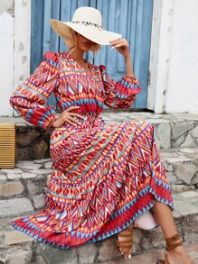 SHEIN LUNE Geo Print Lantern Sleeve Ruffle Hem Belted Dress - Red - View 6