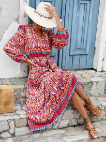 SHEIN LUNE Geo Print Lantern Sleeve Ruffle Hem Belted Dress - Red - View 7