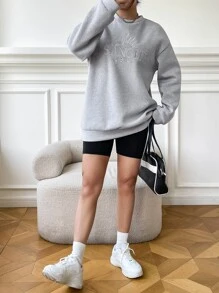 SHEIN EZwear Letter Embroidery Drop Shoulder Sweatshirt,Long Sleeve Tops