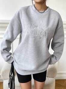 SHEIN EZwear Letter Embroidery Drop Shoulder Sweatshirt,Long Sleeve Tops