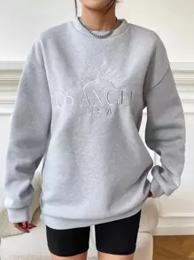 SHEIN EZwear Letter Embroidery Drop Shoulder Sweatshirt,Long Sleeve Tops