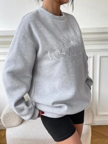 SHEIN EZwear Letter Embroidery Drop Shoulder Sweatshirt,Long Sleeve Tops