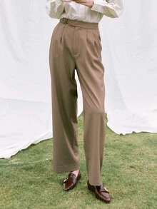 Solid High Waist Suit Trousers - Khaki - View 1