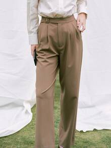 Solid High Waist Suit Trousers - Khaki - View 3