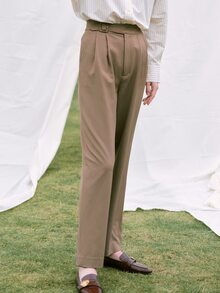 Solid High Waist Suit Trousers - Khaki - View 4