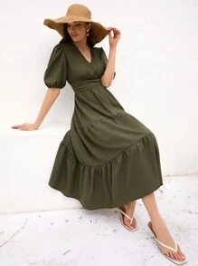 SHEIN VCAY Vestido de manga farol bajo con fruncido - Verde militar - Ver 1