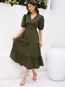 SHEIN VCAY Vestido de manga farol bajo con fruncido - Verde militar - Ver 3