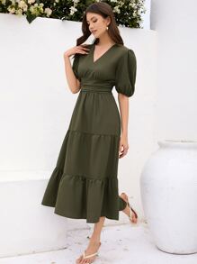 SHEIN VCAY Vestido de manga farol bajo con fruncido - Verde militar - Ver 5