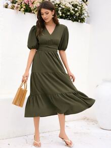 SHEIN VCAY Vestido de manga farol bajo con fruncido - Verde militar - Ver 6