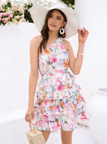 SHEIN VCAY Đầm Thắt lưng phân lớp Hoa Tất cả trên in Boho - Nhiều màu - Xem 1