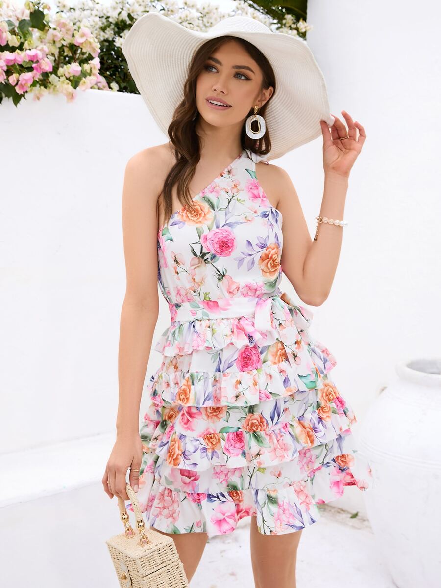 SHEIN VCAY Đầm Thắt lưng phân lớp Hoa Tất cả trên in Boho - Nhiều màu - Xem 1