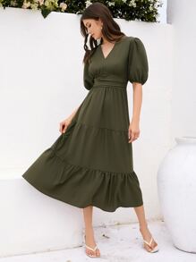 SHEIN VCAY Vestido de manga farol bajo con fruncido - Verde militar - Ver 7