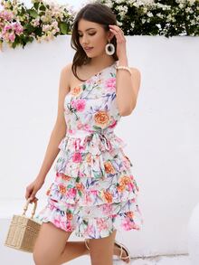SHEIN VCAY Đầm Thắt lưng phân lớp Hoa Tất cả trên in Boho - Nhiều màu - Xem 3