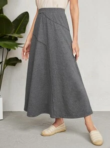 EMERY ROSE Solid High Waist A-line Skirt - Grey - View 3