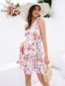 SHEIN VCAY Đầm Thắt lưng phân lớp Hoa Tất cả trên in Boho - Nhiều màu - Xem 7