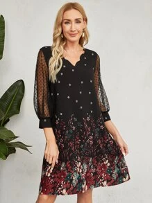 EMERY ROSE Dobby Mesh Sleeve Floral Print Tunic Dress - Multicolor - View 3