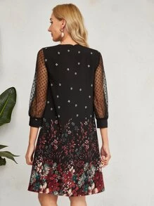 EMERY ROSE Dobby Mesh Sleeve Floral Print Tunic Dress - Multicolor - View 2