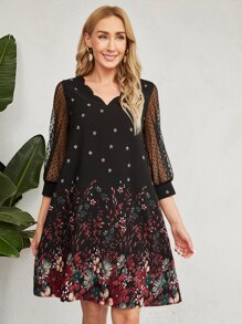 EMERY ROSE Dobby Mesh Sleeve Floral Print Tunic Dress - Multicolor - View 1