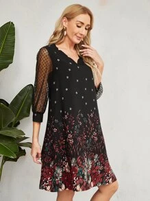 EMERY ROSE Dobby Mesh Sleeve Floral Print Tunic Dress - Multicolor - View 6