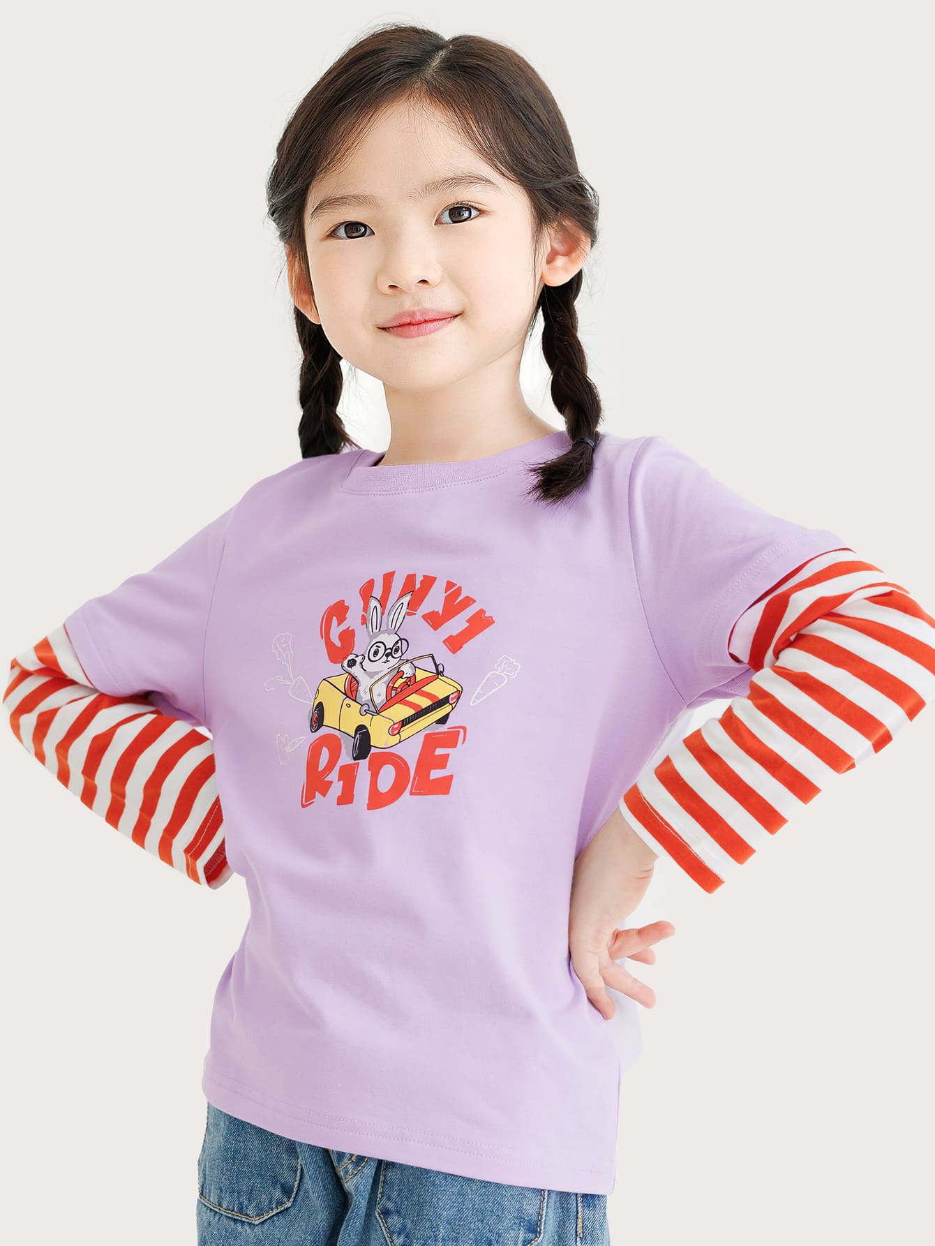 Chicas Camiseta 2 en 1 con estampado de rayas y letra - Lila Púrpura - Ver 1