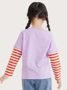 Chicas Camiseta 2 en 1 con estampado de rayas y letra - Lila Púrpura - Ver 2