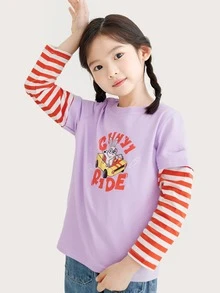 Chicas Camiseta 2 en 1 con estampado de rayas y letra - Lila Púrpura - Ver 6