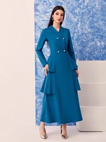 Modelyn Lapel Collar Double Breasted Ruffle Trim Dress - Teal Blue - View 1