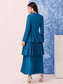 Modelyn Lapel Collar Double Breasted Ruffle Trim Dress - Teal Blue - View 2