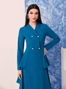 Modelyn Lapel Collar Double Breasted Ruffle Trim Dress - Teal Blue - View 3