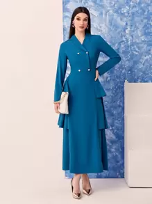 Modelyn Lapel Collar Double Breasted Ruffle Trim Dress - Teal Blue - View 4