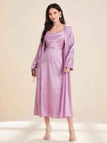 Modelyn Jacquard Cami Dress & Open Front Coat - Mauve Purple - View 1