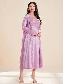 Modelyn Jacquard Cami Dress & Open Front Coat - Mauve Purple - View 4