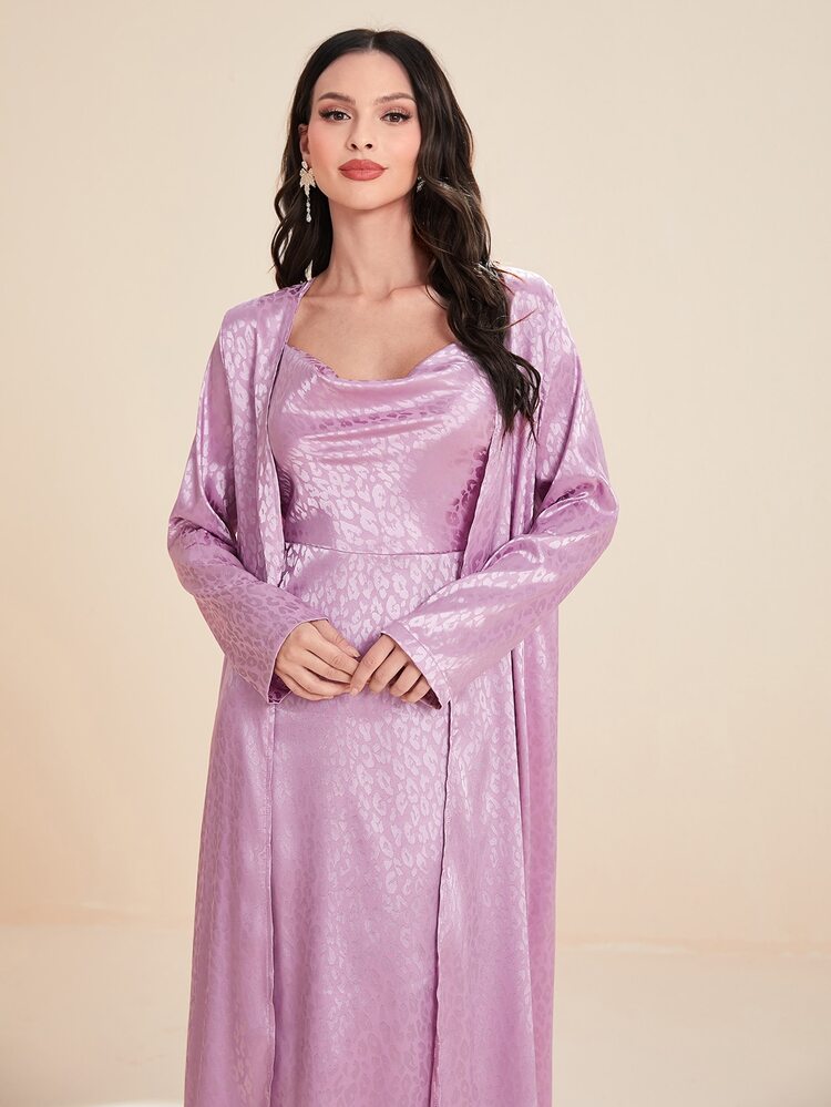 Modelyn Jacquard Cami Dress & Open Front Coat - Mauve Purple - View 5