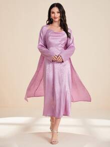 Modelyn Jacquard Cami Dress & Open Front Coat - Mauve Purple - View 6