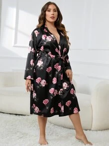 Bata con estampado floral con cinturón de satén - Multicolor - Ver 4