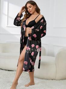 Bata con estampado floral con cinturón de satén - Multicolor - Ver 5