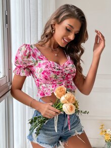 SHEIN VCAY Floral Print Puff Sleeve Drawstring Front Ruffle Hem Blouse - Multicolor - View 6