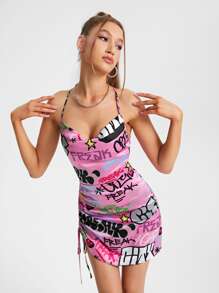 FREAK CITY Letter Graphic Drawstring Side Crisscross Backless Cami Dress - Multicolor - View 1