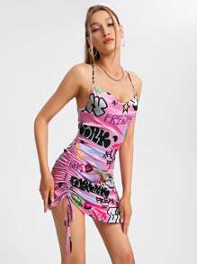 FREAK CITY Letter Graphic Drawstring Side Crisscross Backless Cami Dress - Multicolor - View 3