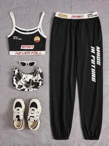 SHEIN Coolane Bikercore Letter Graphic Contrast Binding Cami Top & Joggers - Black - View 1