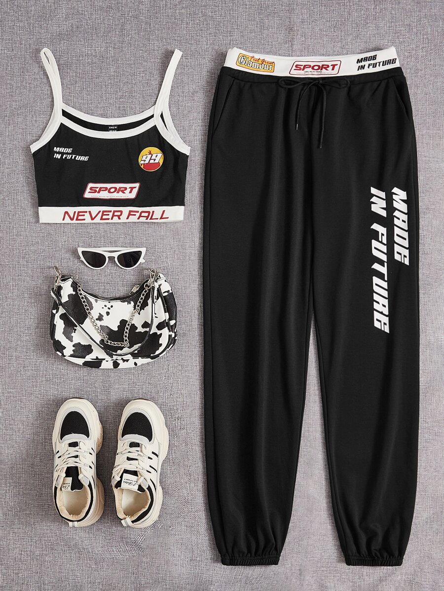 SHEIN Coolane Bikercore Letter Graphic Contrast Binding Cami Top & Joggers - Black - View 1