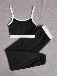 SHEIN Coolane Bikercore Letter Graphic Contrast Binding Cami Top & Joggers - Black - View 2