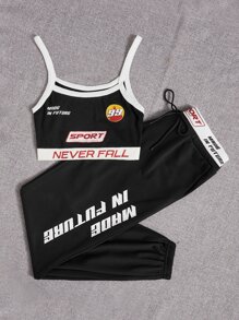 SHEIN Coolane Bikercore Letter Graphic Contrast Binding Cami Top & Joggers - Black - View 3