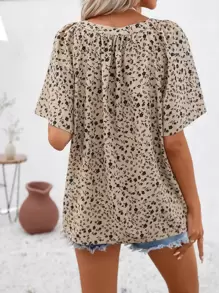 SHEIN LUNE Ditsy Floral Notched Neck Blouse - Khaki - View 2